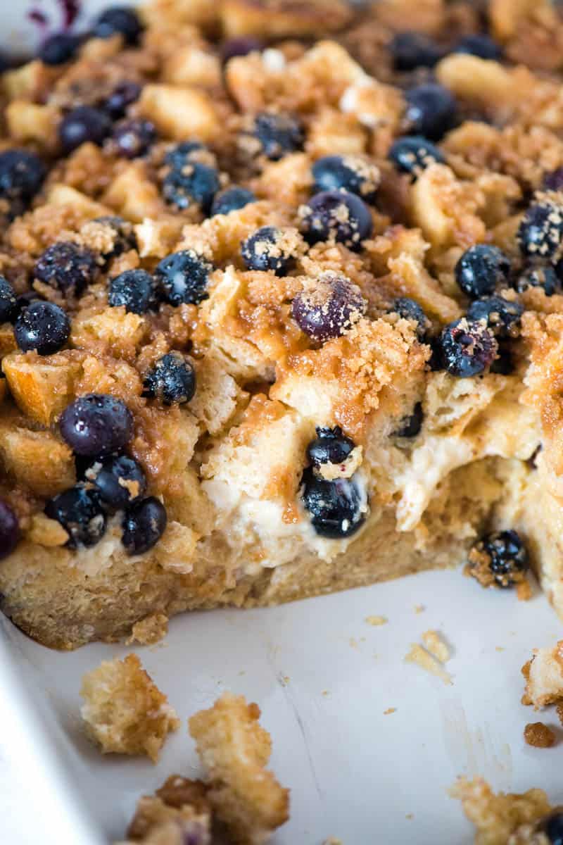 sliced blueberry baked French toast with cream cheese