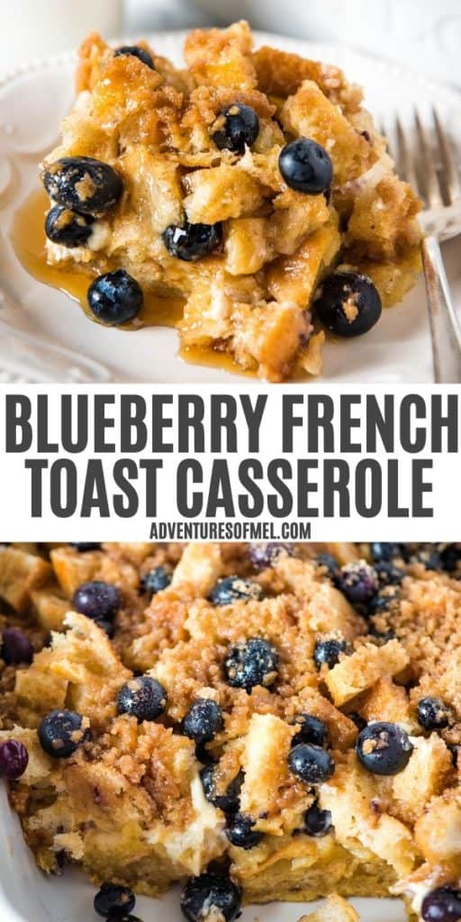 slice of blueberry french toast casserole on white plate, blueberry french toast bake in white baking dish