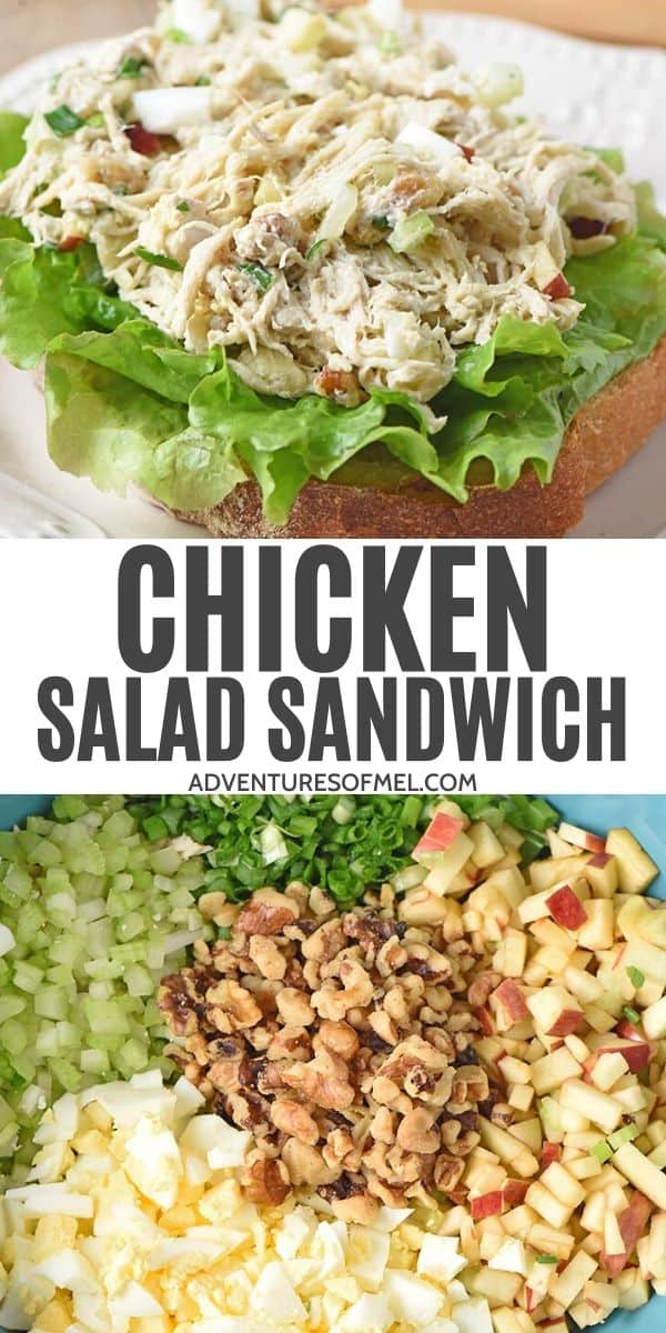 Easy open-faced chicken salad sandwich, making chicken egg salad in blue bowl