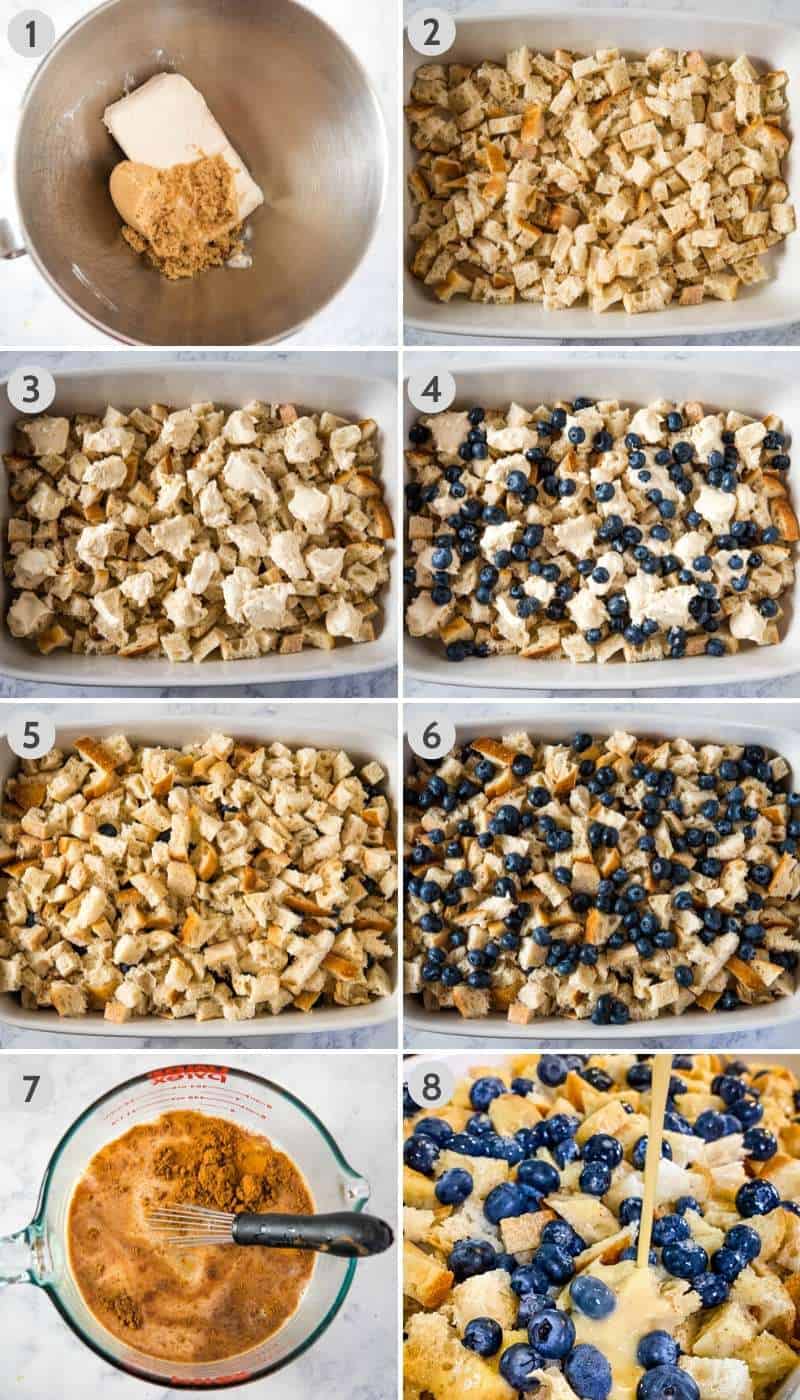 how to make blueberry French toast casserole step by step, using cream cheese, brown sugar, sourdough bread, blueberries, eggs, and cinnamon