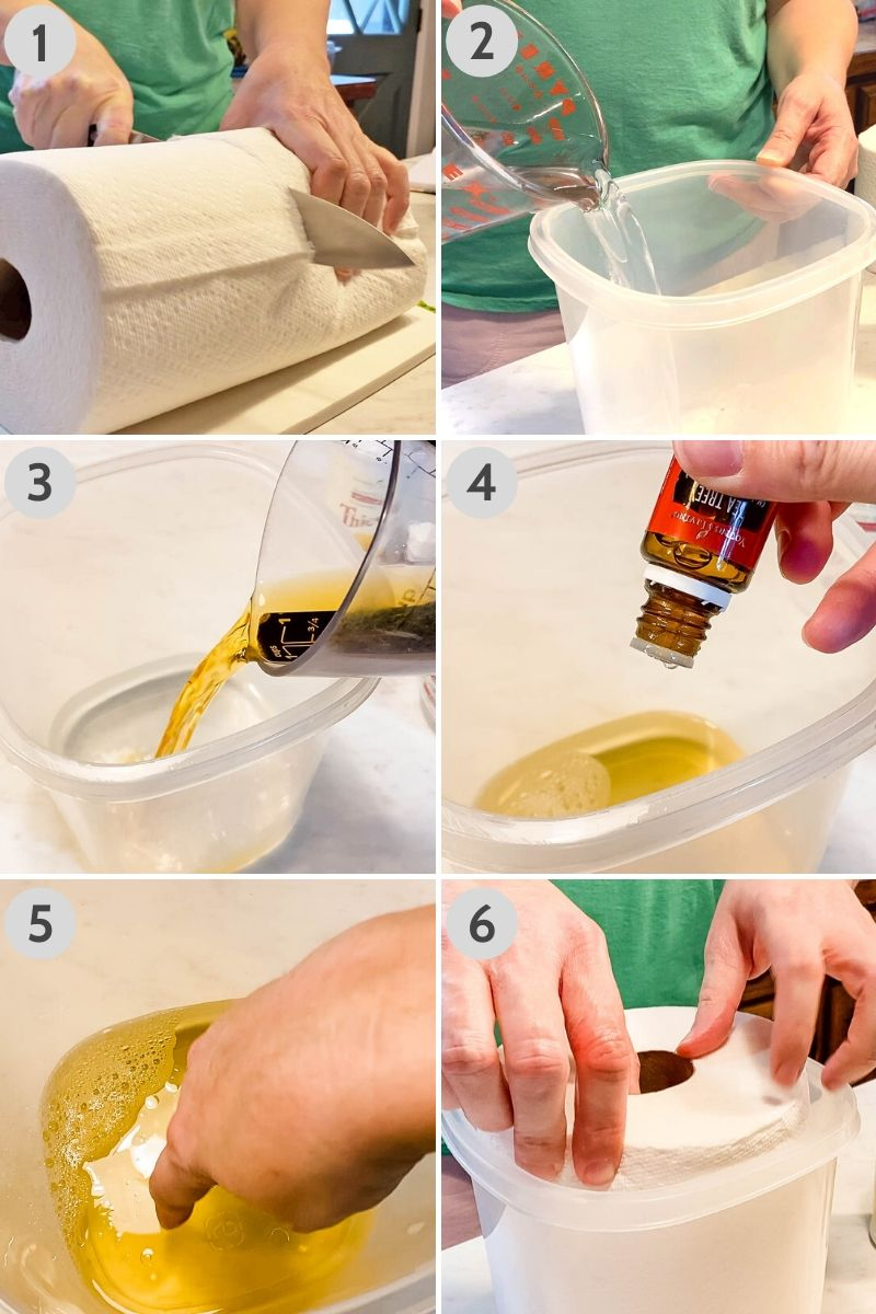 steps for how to make homemade cleaning wipes with paper towels, water, Thieves Household Cleaner, Tea Tree Oil, and a sealable container