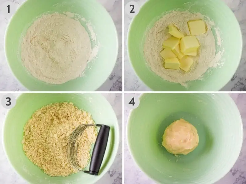 how to make a pie crust in a green bowl with flour, salt, butter, and milk, using a pastry blender or pastry cutter