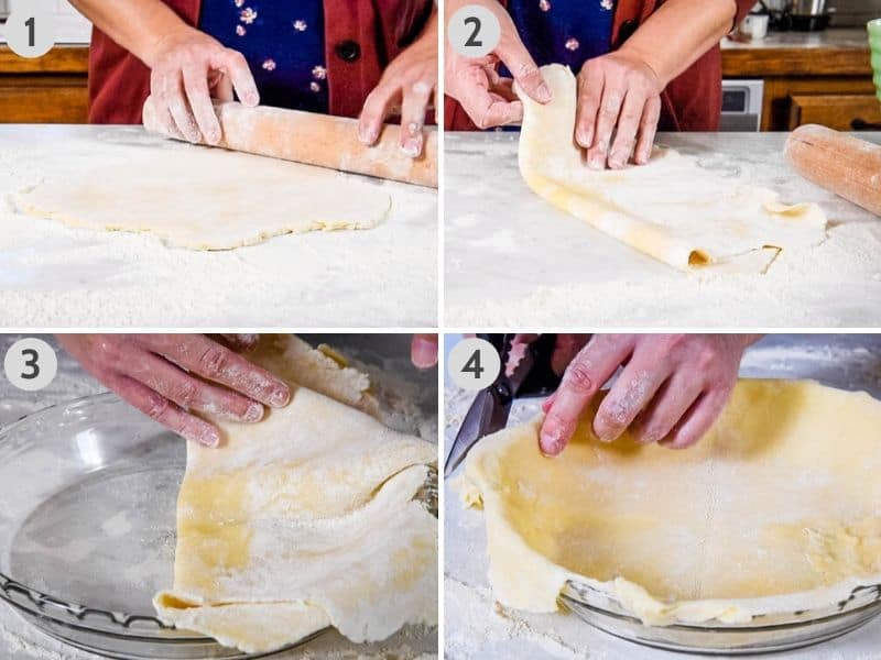 how to roll out pie crust using rolling pin, then place it in glass pie plate and trim off the edges with kitchen shears