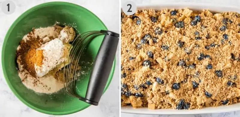 how to make a cinnamon streusel topping in a green bowl with a pastry blender and sprinkle it on top of a blueberry French toast casserole in white baking dish