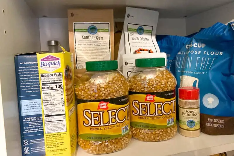popcorn, Bisquick, and other gluten-free flours in working pantry cabinet