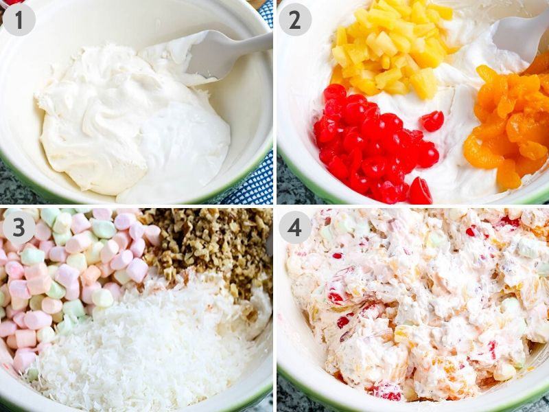 steps for how to make ambrosia, including mixing whipped cream, sour cream fruit, mini marshmallows, walnuts, and coconut in large green bowl