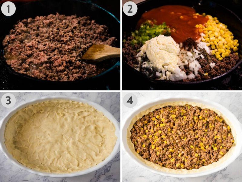 how to make Mexican meat pie, from browning hamburger meat in cast iron skillet, to adding corn, peppers, and cornmeal, to pressing the pie crust in white casserole dish, and adding beef mixture to pie crust