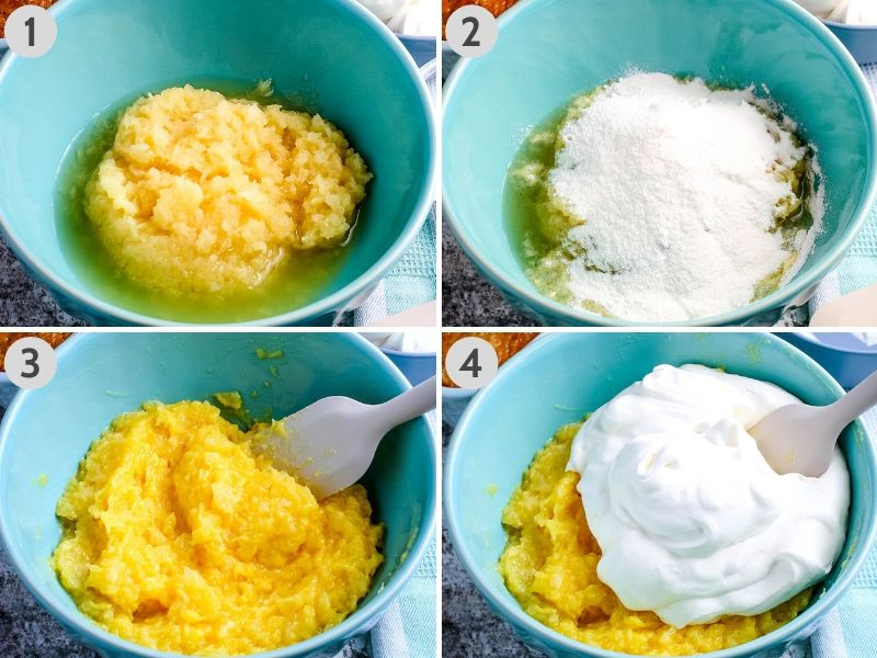 steps for how to make pineapple fluff frosting in light teal colored bowl with gray spatula, including mixing together crushed pineapple, instant vanilla pudding mix, and whipped cream