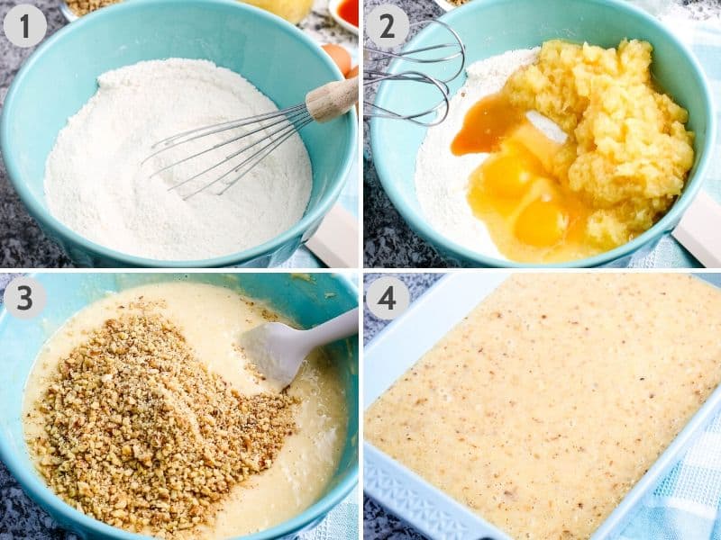 steps for how to make pineapple sunshine cake in light teal colored bowl with whisk and hand mixer, folding nuts into cake batter with spatula, and spreading cake batter in 9x13 baking dish