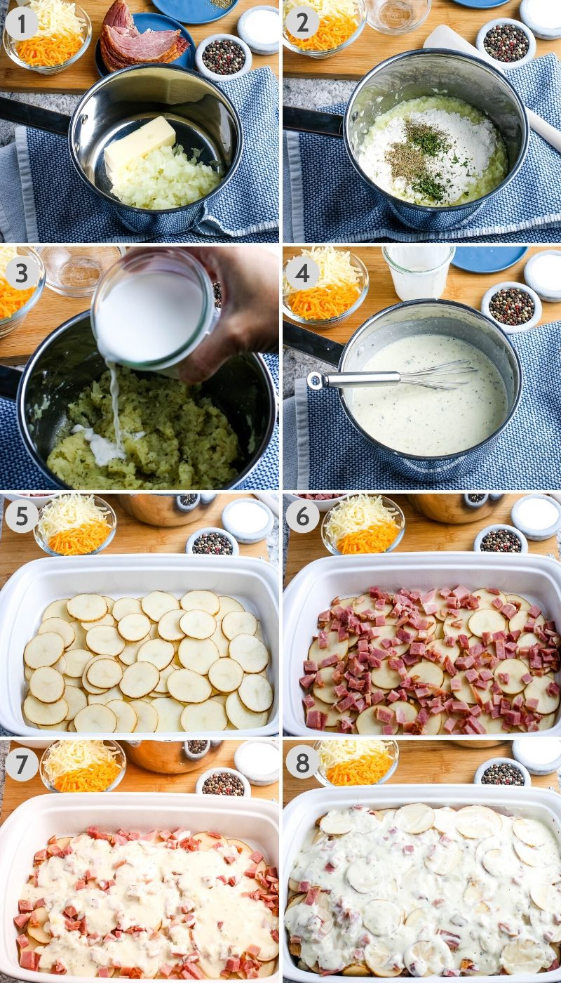 steps for how to make scalloped potatoes and ham, including making a roux in a medium saucepan and layering potatoes, ham, and creamy sauce in white baking dish