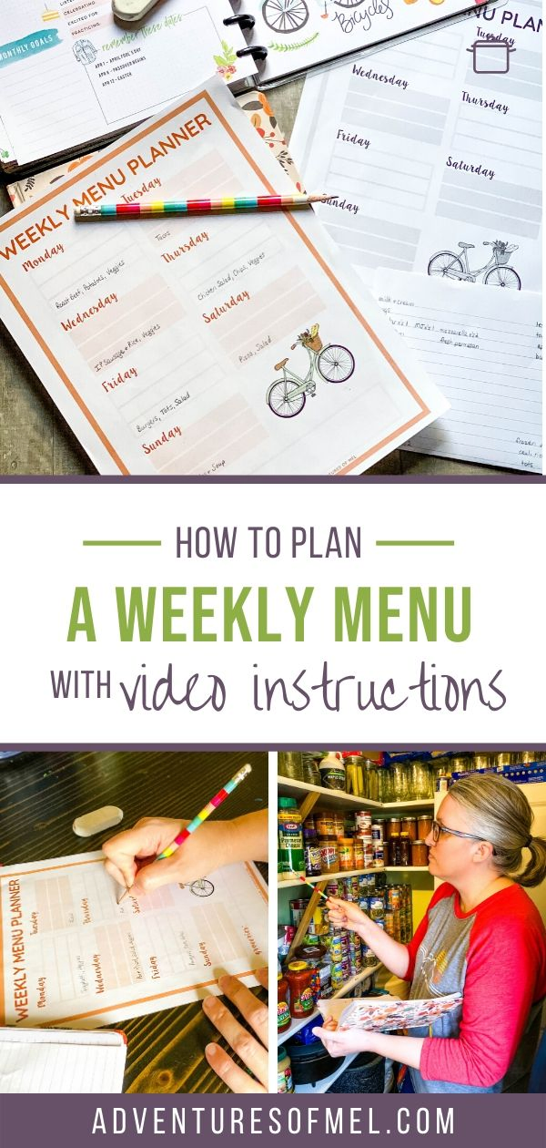 how to plan a weekly meal plan, weekly menu planner printable, and woman in pantry taking inventory of stock