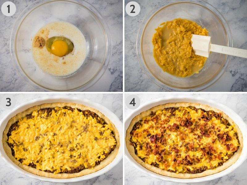 mixing together egg, milk, dry mustard, salt, Worcestershire sauce, and cheese in glass bowl and spreading topping over Mexicali meat pie in white casserole dish