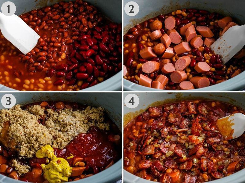 steps for how to make CrockPot baked beans in gray slow cooker, including adding beans, hot dogs, condiments and seasonings, and bacon and onions