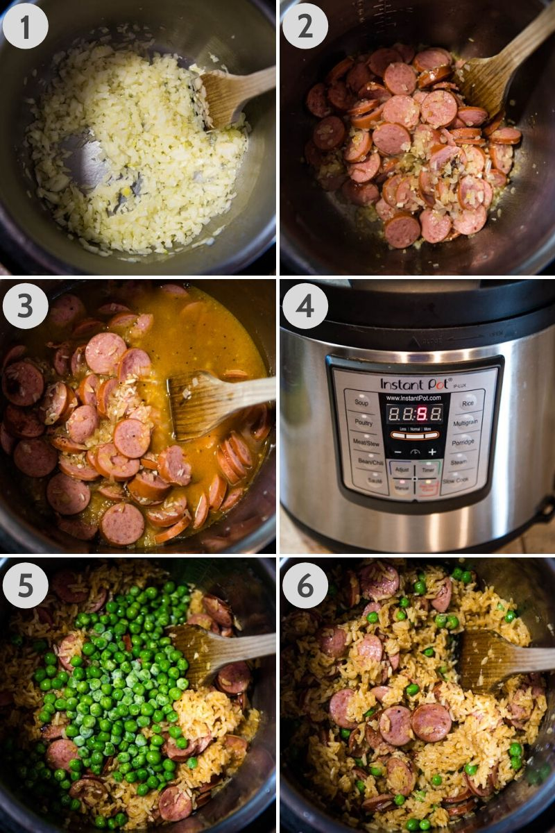 steps for how to make Instant Pot kielbasa and rice in Instant Pot, first sautéing onions and garlic, then adding sliced sausage, then adding in chicken broth and rice, pressure cooker set to 5 minutes cook time, adding in peas, and fluffing rice after cooked