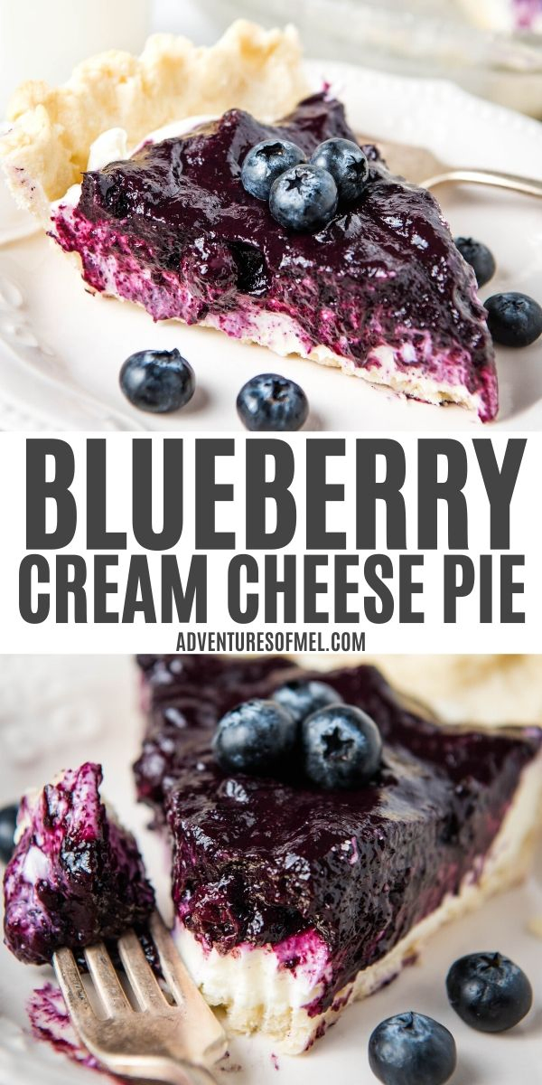 double image of blueberry cream cheese pie with text; top image is slide of pie on white plate; bottom image is bite taken out of pie on white plate with fork