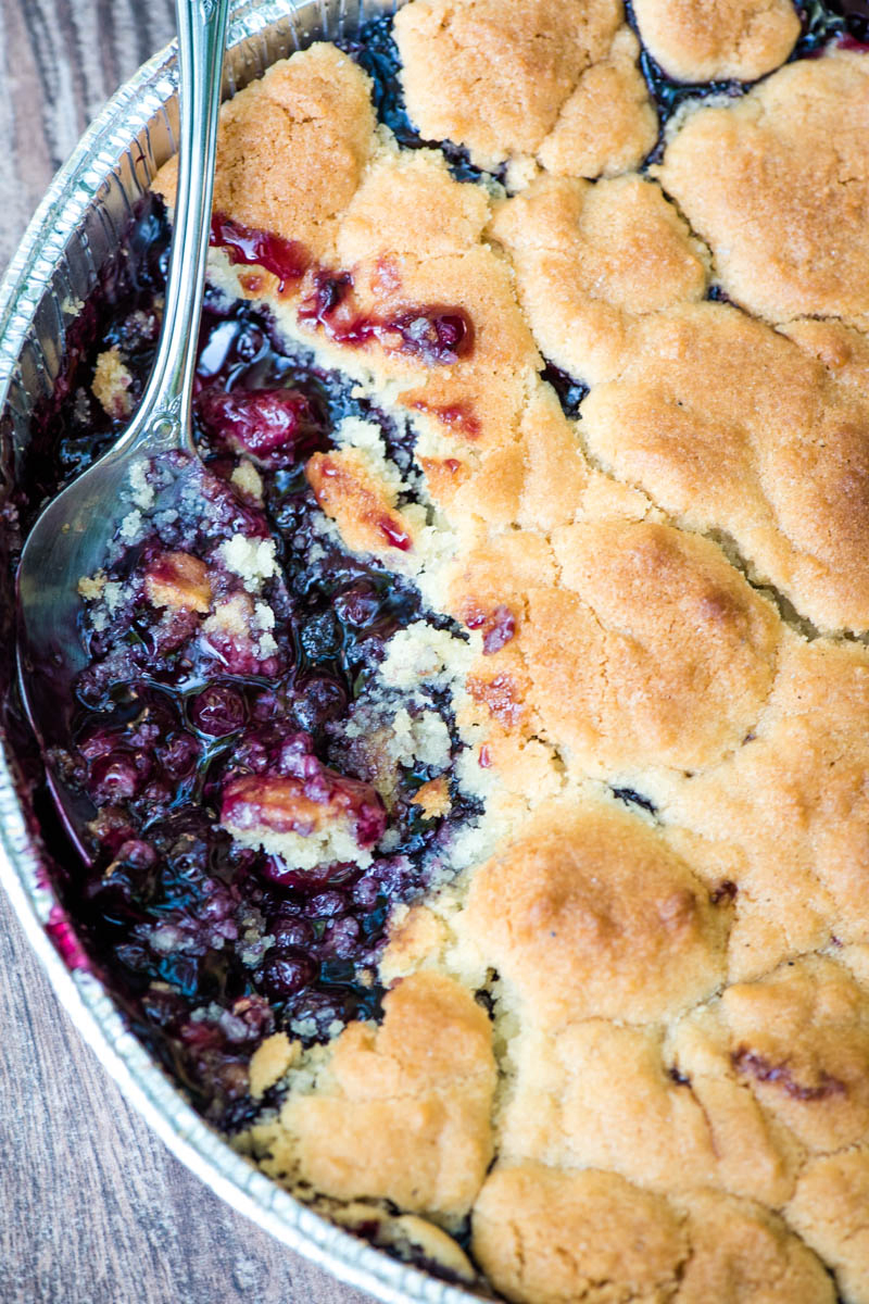 Dutch oven blueberry cobbler in foil pan, scooped out with metal spoon