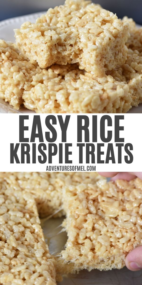 pinnable image with 2 photos and text Easy Rice Krispie Treats; top photo stacked Rice Krispie treats with bite taken out; bottom image hand pulling marshmallow treat out of metal baking pan