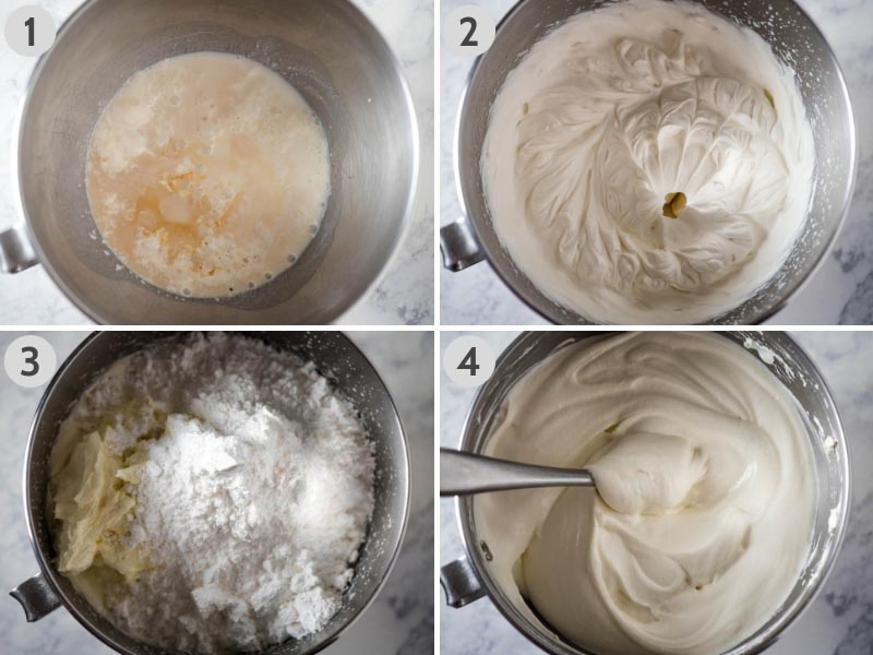 4 steps for making Dream Whip cream cheese filling in metal KitchenAid mixing bowl, including whisking Dream Whip with milk and vanilla; whisking to soft peaks; adding cream cheese and powdered sugar to the Dream Whip mixture; and finished velvety smooth filling
