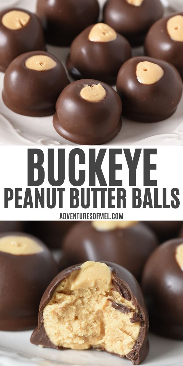 pinnable image with Buckeye Peanut Butter Balls text, top image buckeyes on white plate, bottom image bite out of buckeye candy