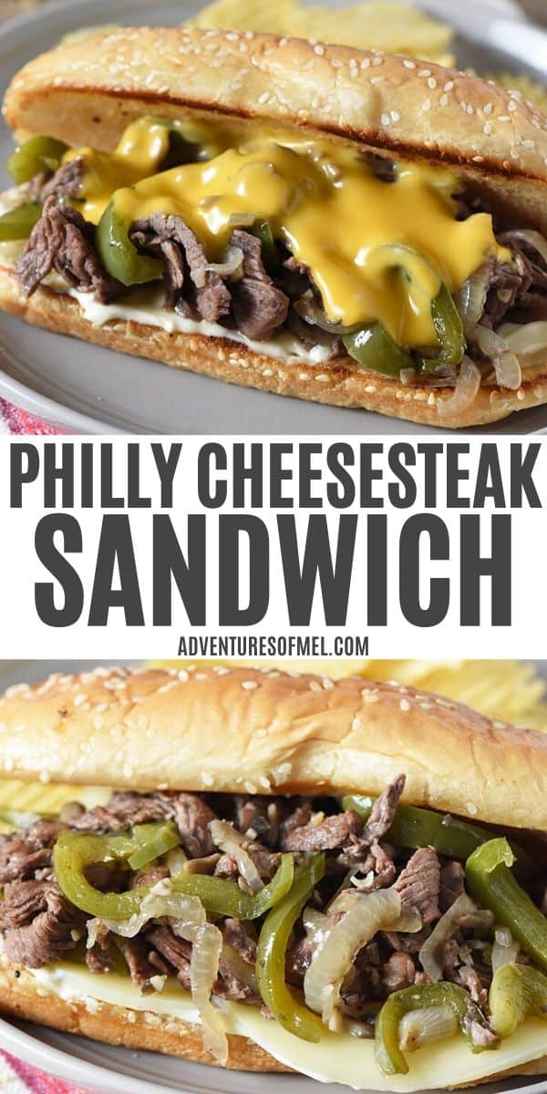 pinnable image with Philly Cheesesteak Sandwich text; top image of Philly cheesesteak with Cheez Whiz on gray plate; and bottom image of Philly cheesesteak with provolone, green peppers, and onions on gray plate