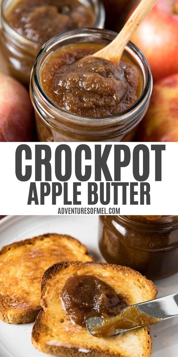 double image of CrockPot apple butter with text, including top image of apple butter in jar with small wooden spoon and bottom image of slow cooker apple butter spreading on toast with butter knife