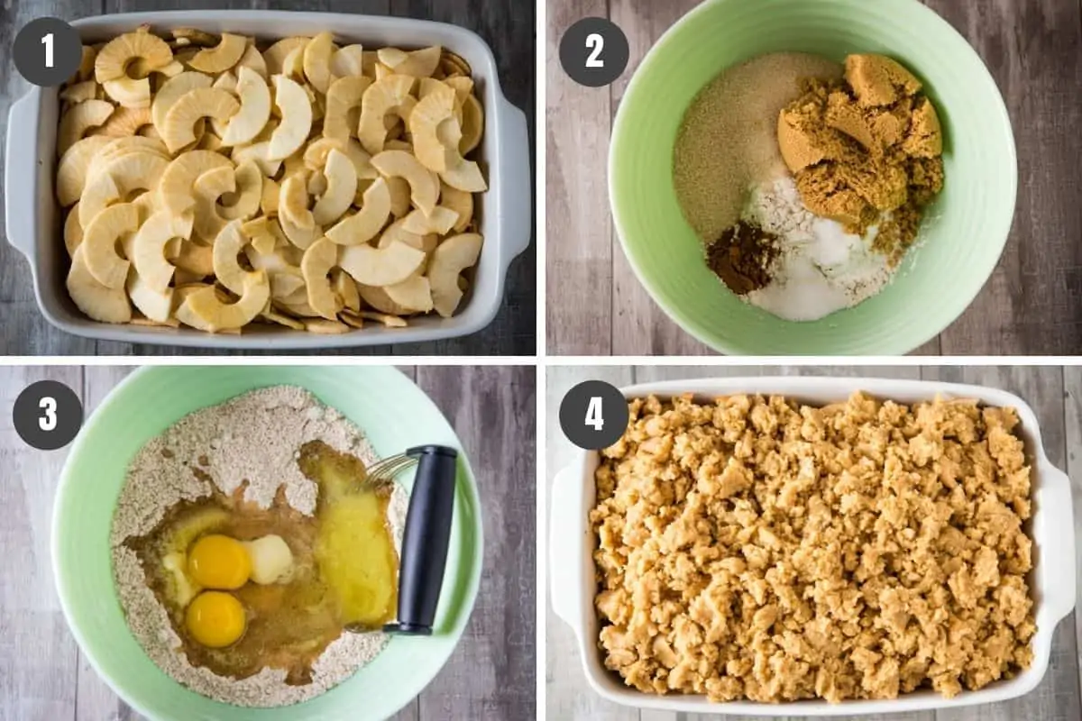 steps for how to make apple crumble without oats, including adding sliced apples to white baking dish, mixing dry ingredients together in mint green mixing bowl, blending eggs and melted butter with dry ingredients in mint green mixing bowl, and crumbling topping over apples in white casserole dish 