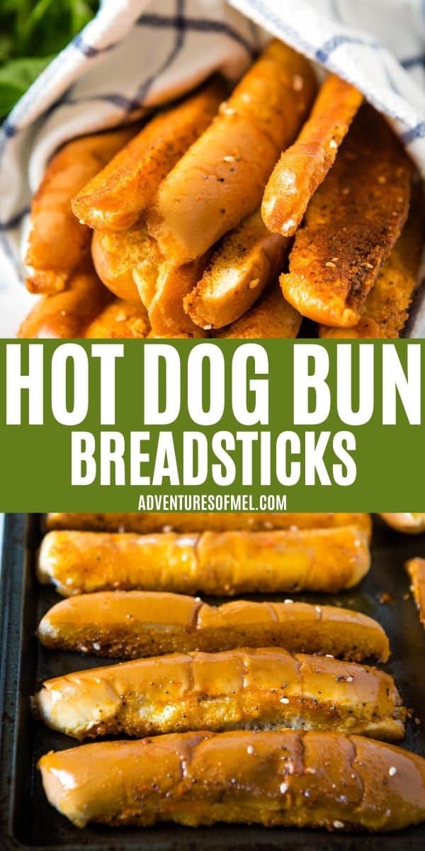 double image of hot dog bun breadsticks, including top image of stack of breadsticks in white and blue striped towel, and bottom image of baked bread sticks on baking sheet