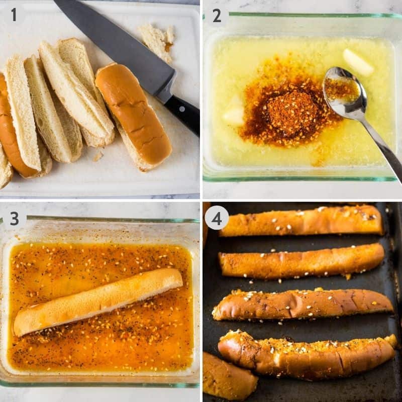steps for how to make hot dog bun breadsticks, including slicing hot dog buns in quarters on cutting board, mixing butter and Salad Supreme Seasoning in glass dish, dipping breadsticks in seasoning mixture, and placing breadsticks on baking sheet