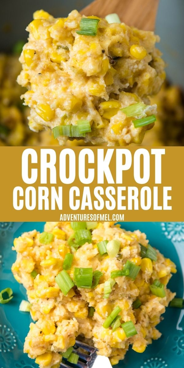 double image of CrockPot Corn Casserole, including top image of scoop of corn casserole on wooden spoon and bottom image of serving of slow cooker corn casserole on teal plate with fork