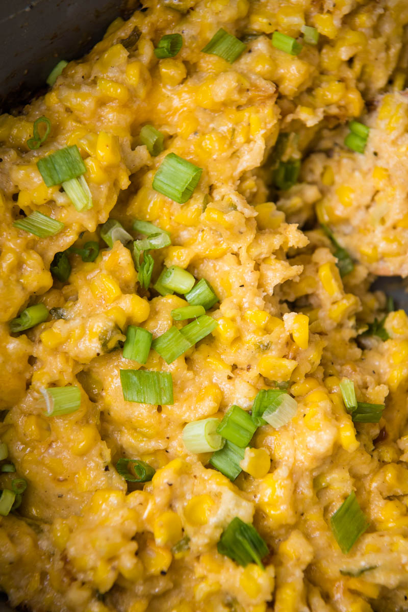 close up look at CrockPot corn casserole in slow cooker