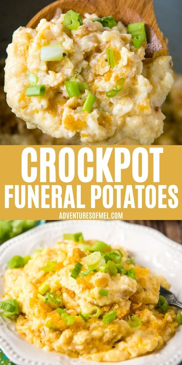 double image of CrockPot Funeral Potatoes recipe, including top image of wooden spoon full of funeral potatoes and bottom image of white plate full of CrockPot cheesy hashbrowns sprinkled with green onions