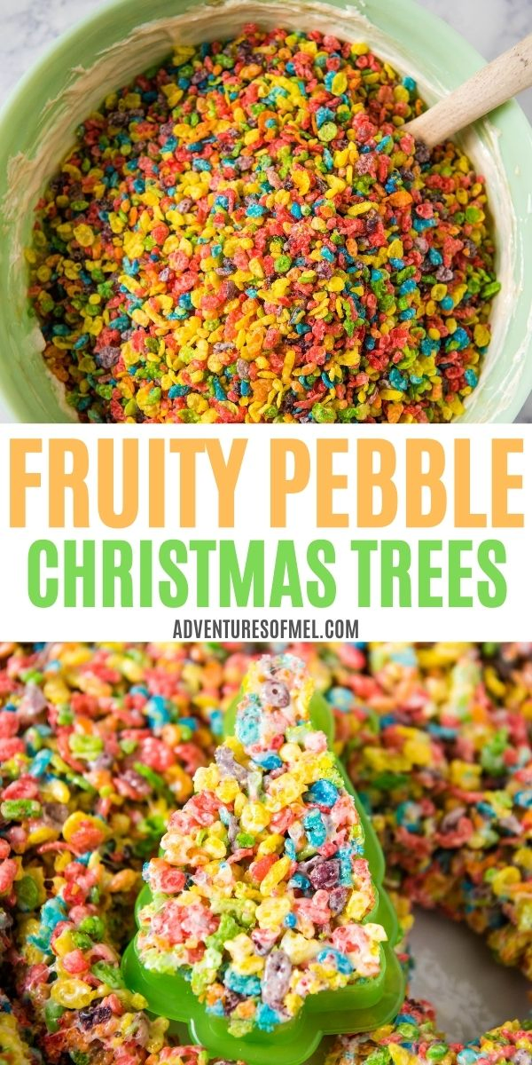 double image of Fruity Pebble Christmas trees, including top image of mint green bowl with Fruity Pebbles cereal and marshmallow mixture, and bottom image of cookie cutter with Fruity Pebbles Christmas tree shape cut out of pan full of crispy treats