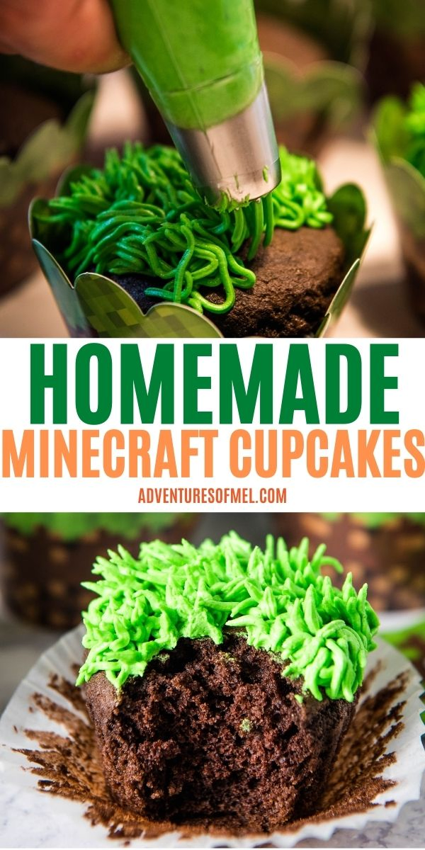 double image of Minecraft cupcakes recipe with top image piping grass frosting onto top of chocolate cupcake with grass cake tip, text saying Homemade Minecraft Cupcakes, and bottom image of bite out of chocolate Minecraft cupcake on white cupcake liner