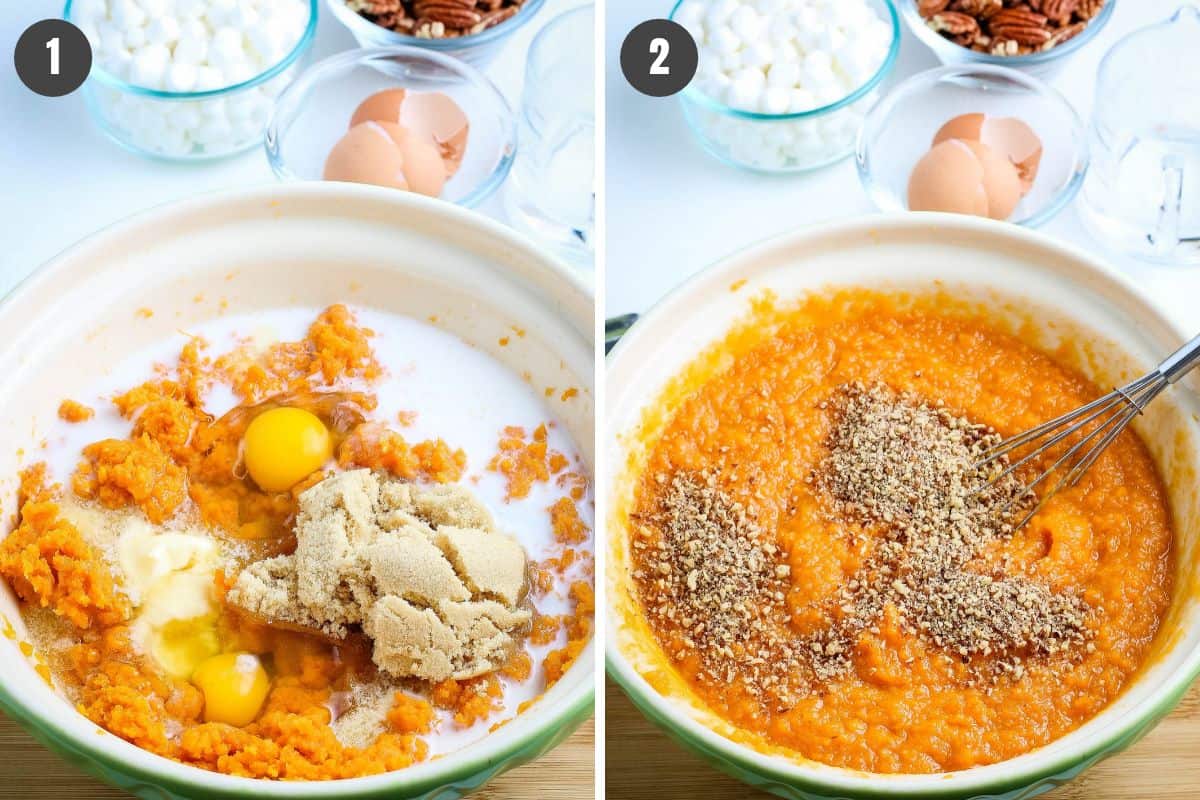 2-step instructions showing how to mix up the filling for sweet potato casserole