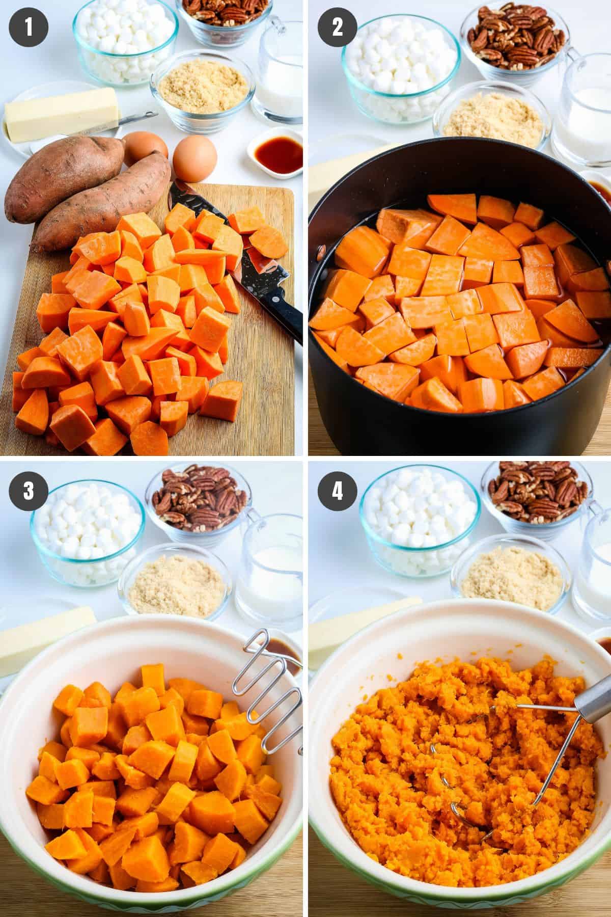 4-step instructions showing how to boil and mash the sweet potatoes to make sweet potato casserole