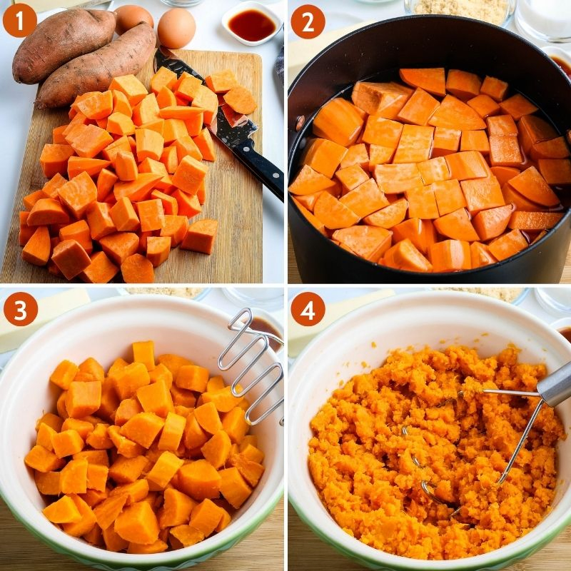4 steps for how to prepare the sweet potatoes for homemade sweet potato casserole, including cubing sweet potatoes, adding them to large black stock pot and covering with water, placing cooked sweet potatoes in large green mixing bowl, and mashing sweet potatoes with potato masher