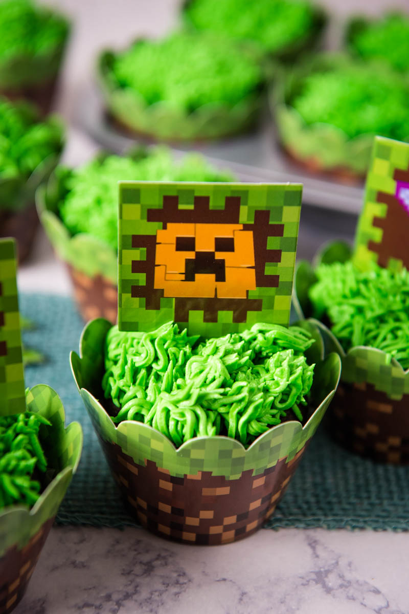 Minecraft birthday cupcakes wrapped in Minecraft wrappers and topped with Creeper cupcake topper
