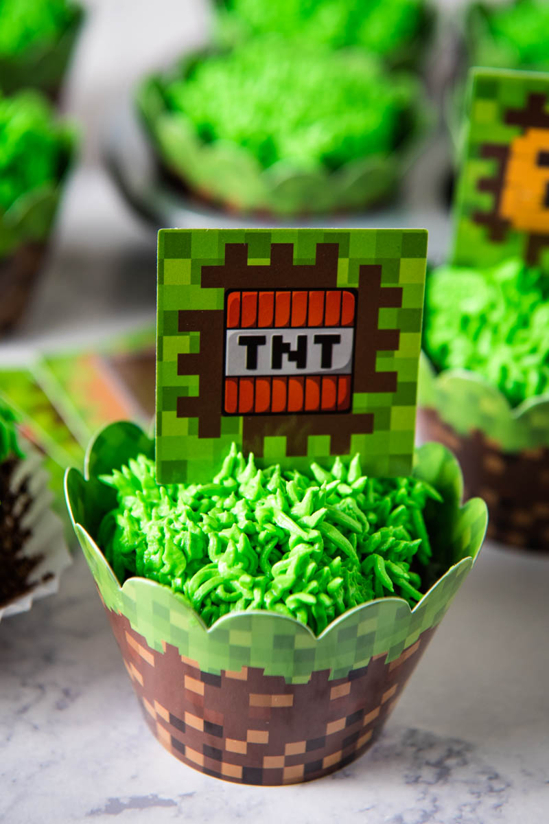 Minecraft TNT cupcake topper in Minecraft birthday cupcake