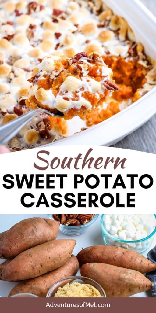 spoonful of southern sweet potato casserole over casserole dish, sweet potatoes and other ingredients on countertop