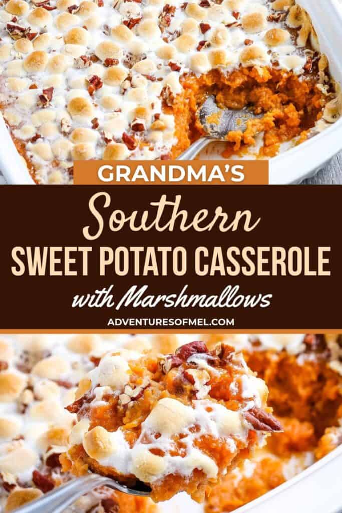 grandma's southern sweet potato casserole in a white 9x13 baking dish with marshmallows on top