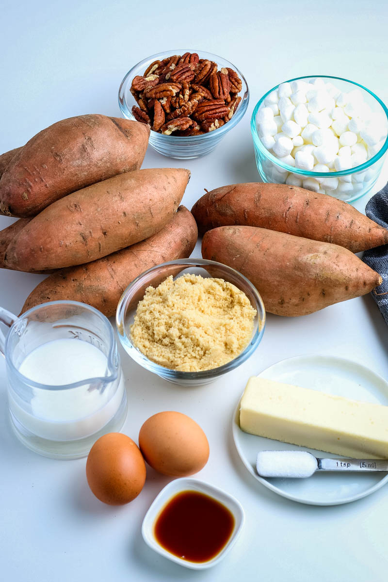 ingredients for sweet potato casserole on white countertop
