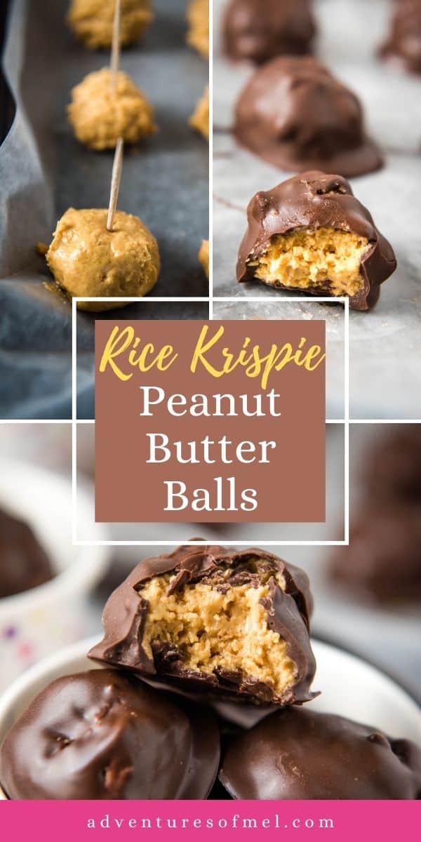 triple image of Rice Krispie peanut butter balls, including left top image of peanut butter balls on wax paper with toothpicks stuck in top, top right image of bite taken out of chocolate crispy balls, and bottom image of pile of peanut butter balls with Rice Krispies with bite taken out of top peanut butter ball