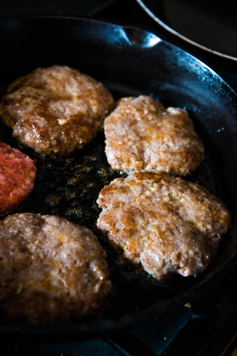 frying sausage patties in cast iron skillet