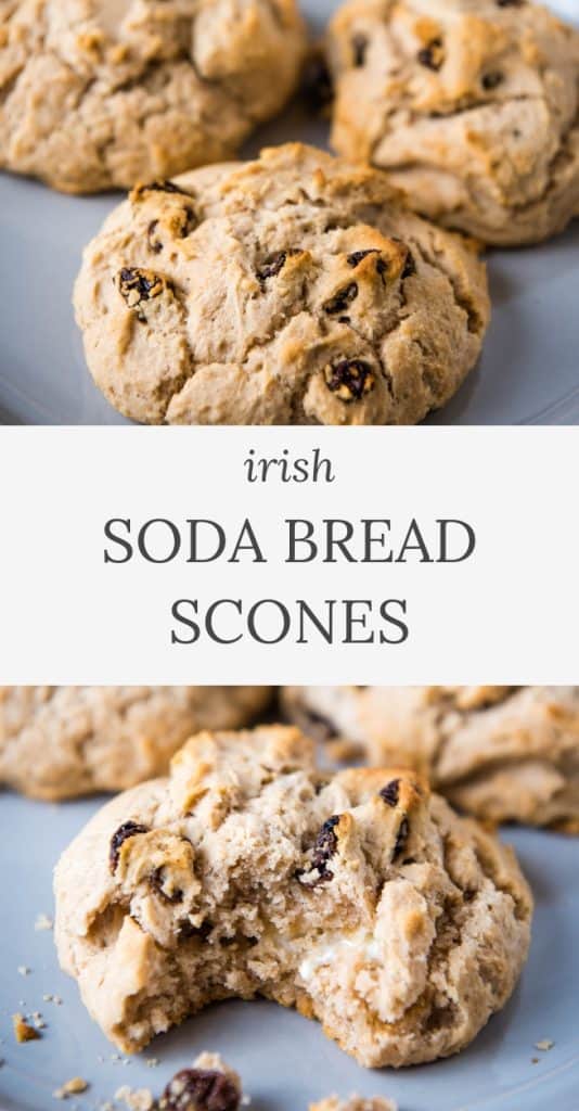 Irish Soda Bread Scones on gray plate, bitten soda bread scone on gray plate with raisin