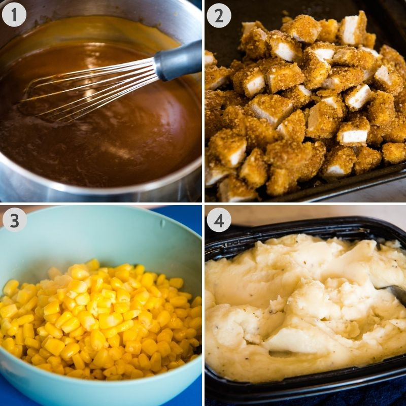 KFC potato bowl ingredients, including brown gravy, crispy chicken nuggets, corn, and mashed potatoes