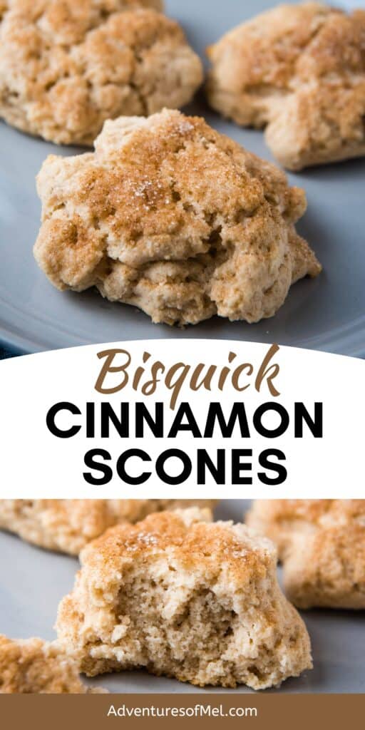 Bisquick cinnamon scones on gray plate, scone sliced in half on plate