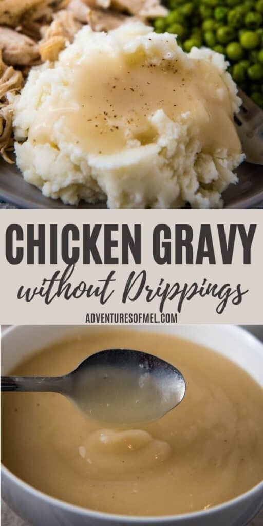 chicken gravy on mashed potatoes, spoon dipping into chicken gravy in white bowl