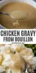 double image of chicken gravy from bouillon on spoon over white bowl full of gravy, gravy on mashed potatoes with fork