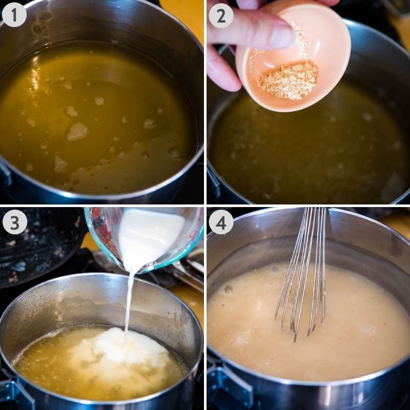 steps for how to make chicken gravy from broth in sauce pan, including boiling broth, adding onion powder, stirring in slurry, and whisking 'til thickens