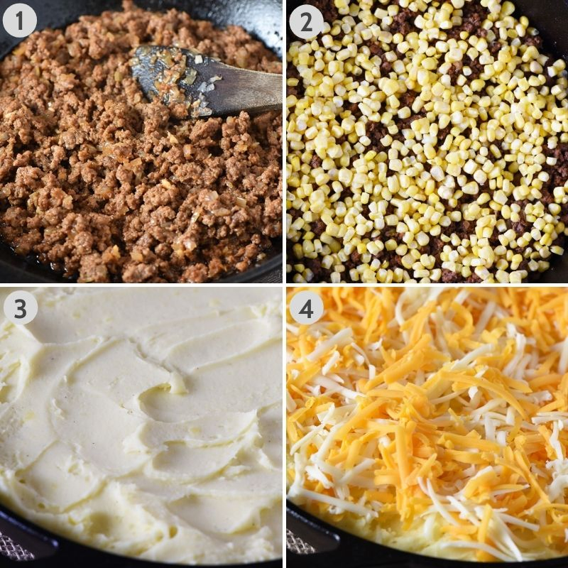 how to layer sloppy joe potato casserole with sloppy joe ground beef mixture, corn, mashed potatoes, and shredded cheese in cast iron skillet